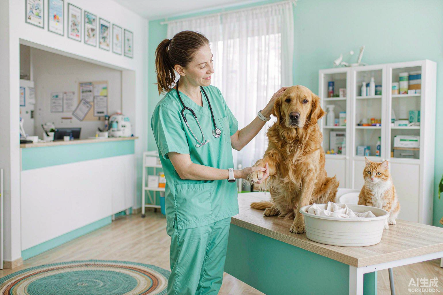 瑞派咪咻宠物医院医生为金毛犬和猫咪做检查